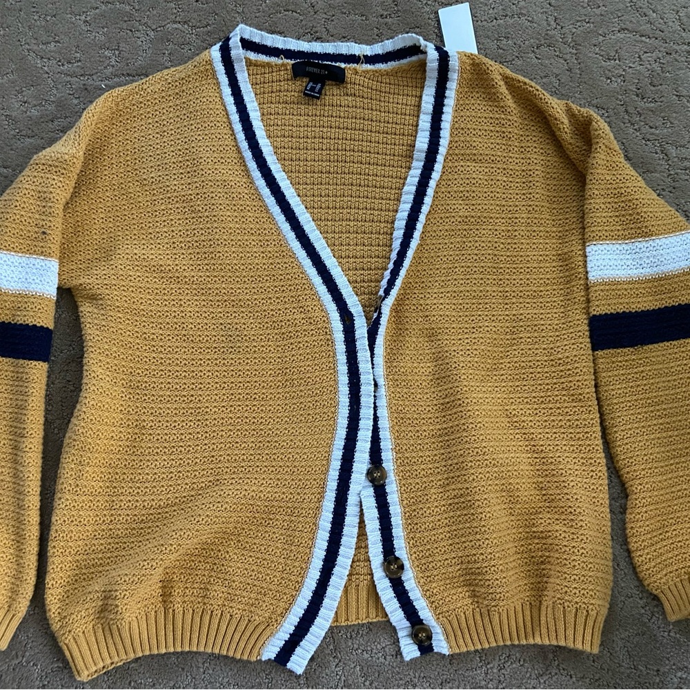 Forever 21 Mustard Cardigan with Navy and White Stripes 100% cotton